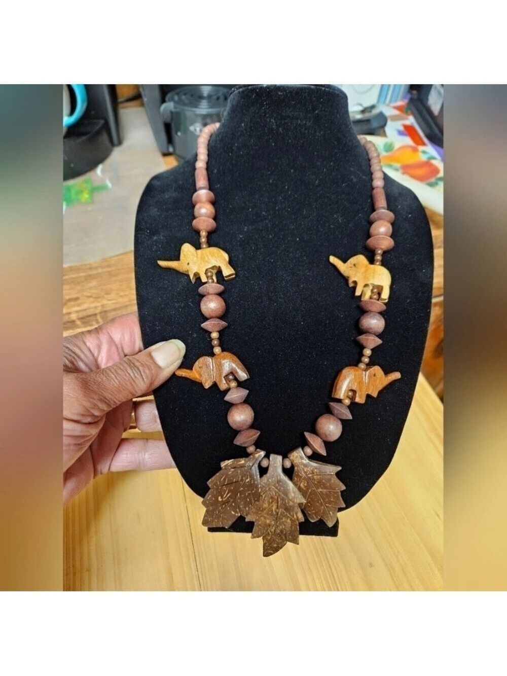 Vintage 80s Tribal-style Handmade Wood Elephant and Leaf Necklace